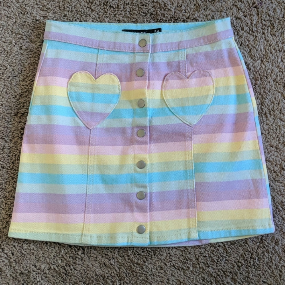 Rainbow pastel heart pocket denim skirt